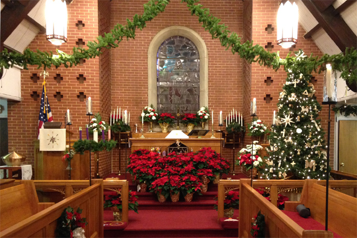 sanctuary decorated for Christmas