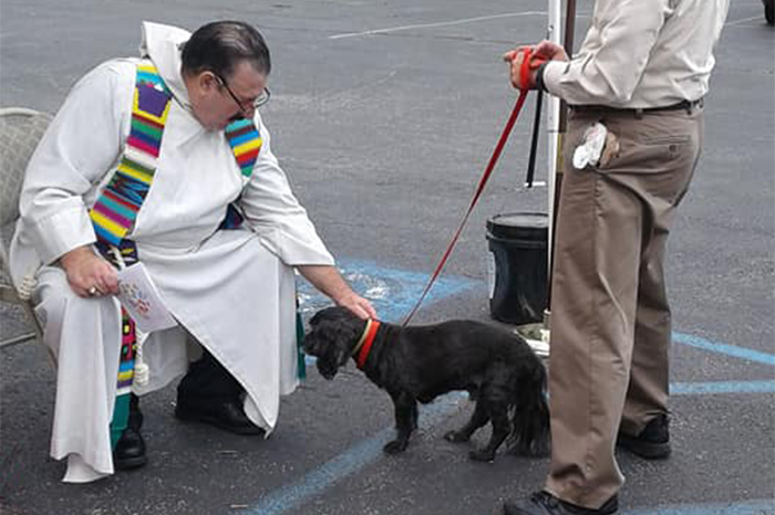 pastor blessing small dog