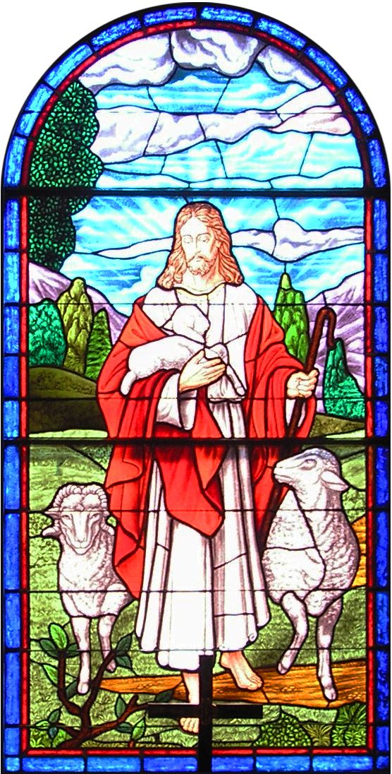 Stained glass windows depicting Jesus holding a lamb, The Good Sheppard.